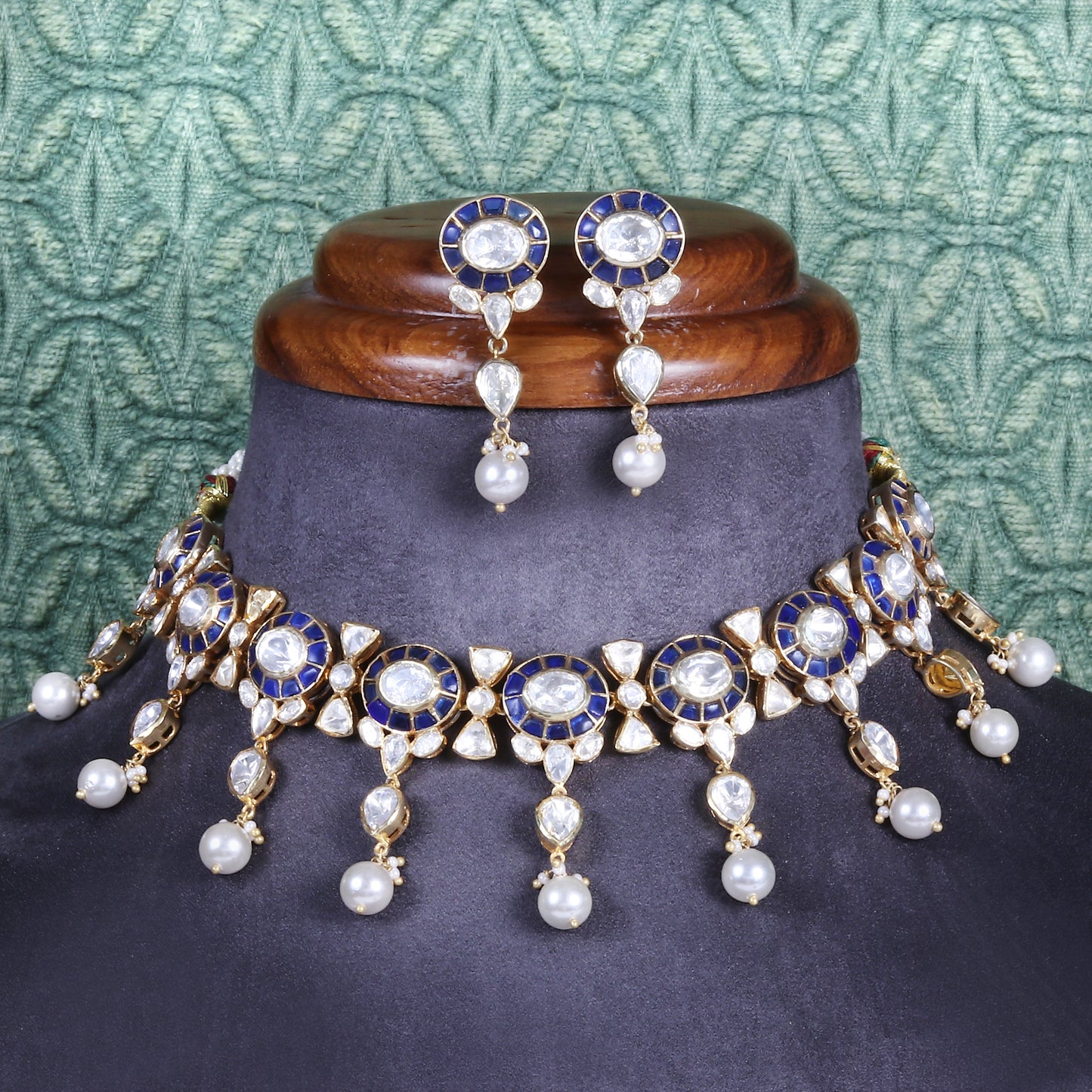 Classic Pearl and Blue Necklace with Matching Earrings