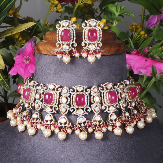 Classic Red Stone and Pearl Choker with Matching Earrings