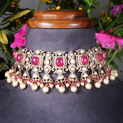 Classic Red Stone and Pearl Choker with Matching Earrings