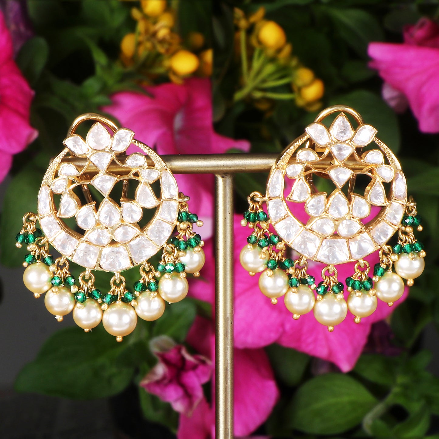 Regal Pearl and Emerald Chandbali Earrings