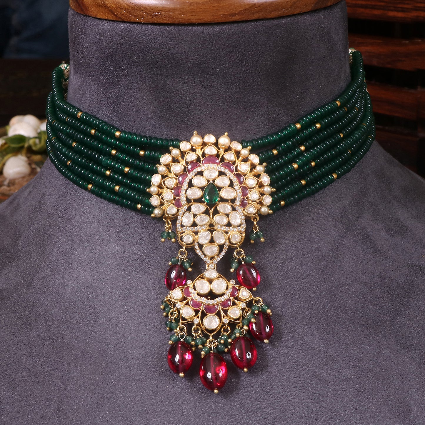 Festive Green and Red Choker with Matching Earrings