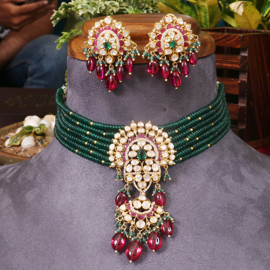 Festive Green and Red Choker with Matching Earrings