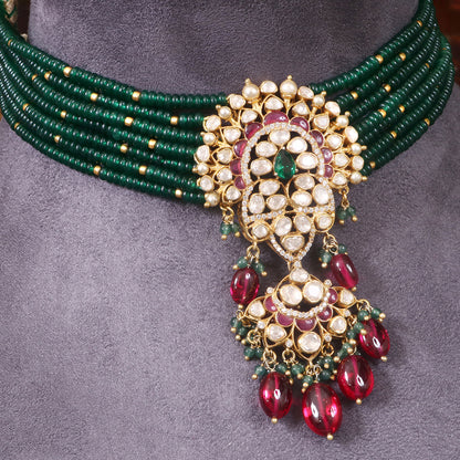 Festive Green and Red Choker with Matching Earrings