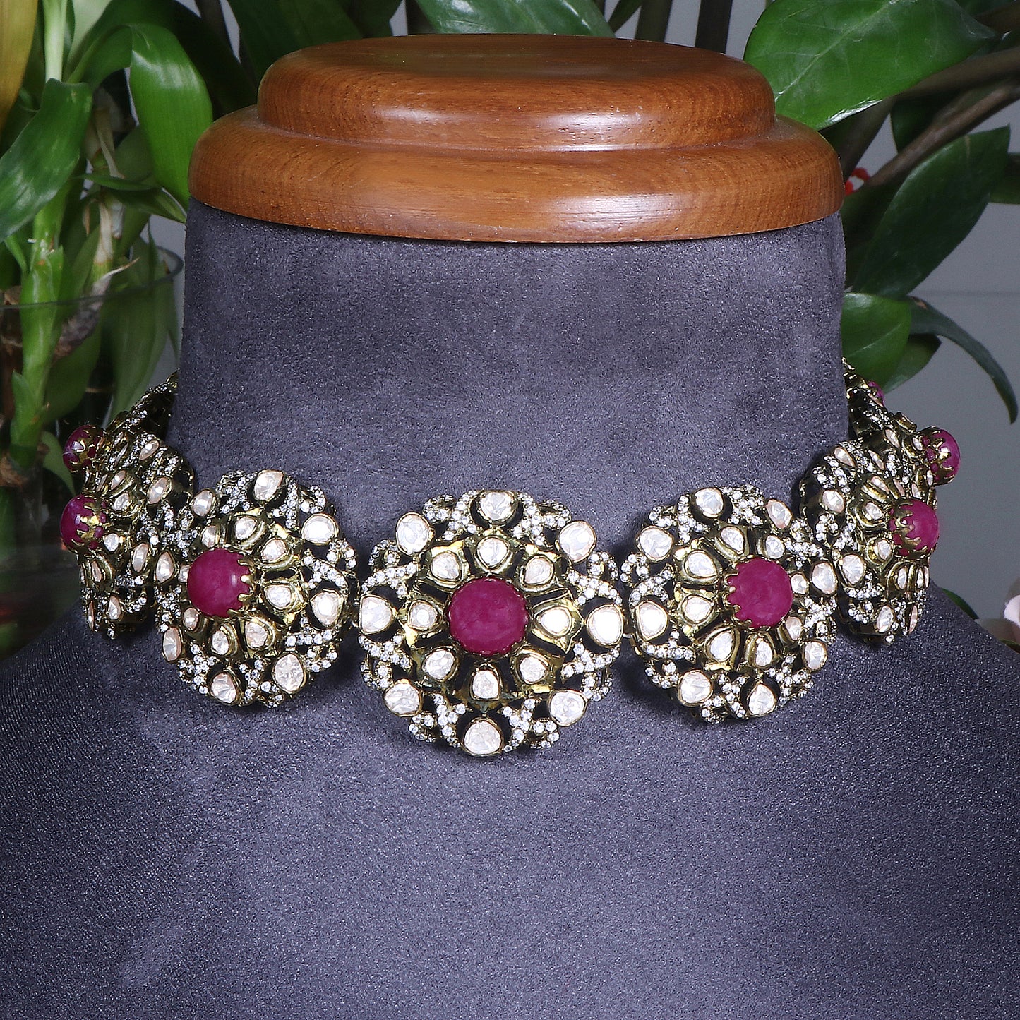 Bohemian-Style Oxidized and Ruby Necklace with Matching Earrings