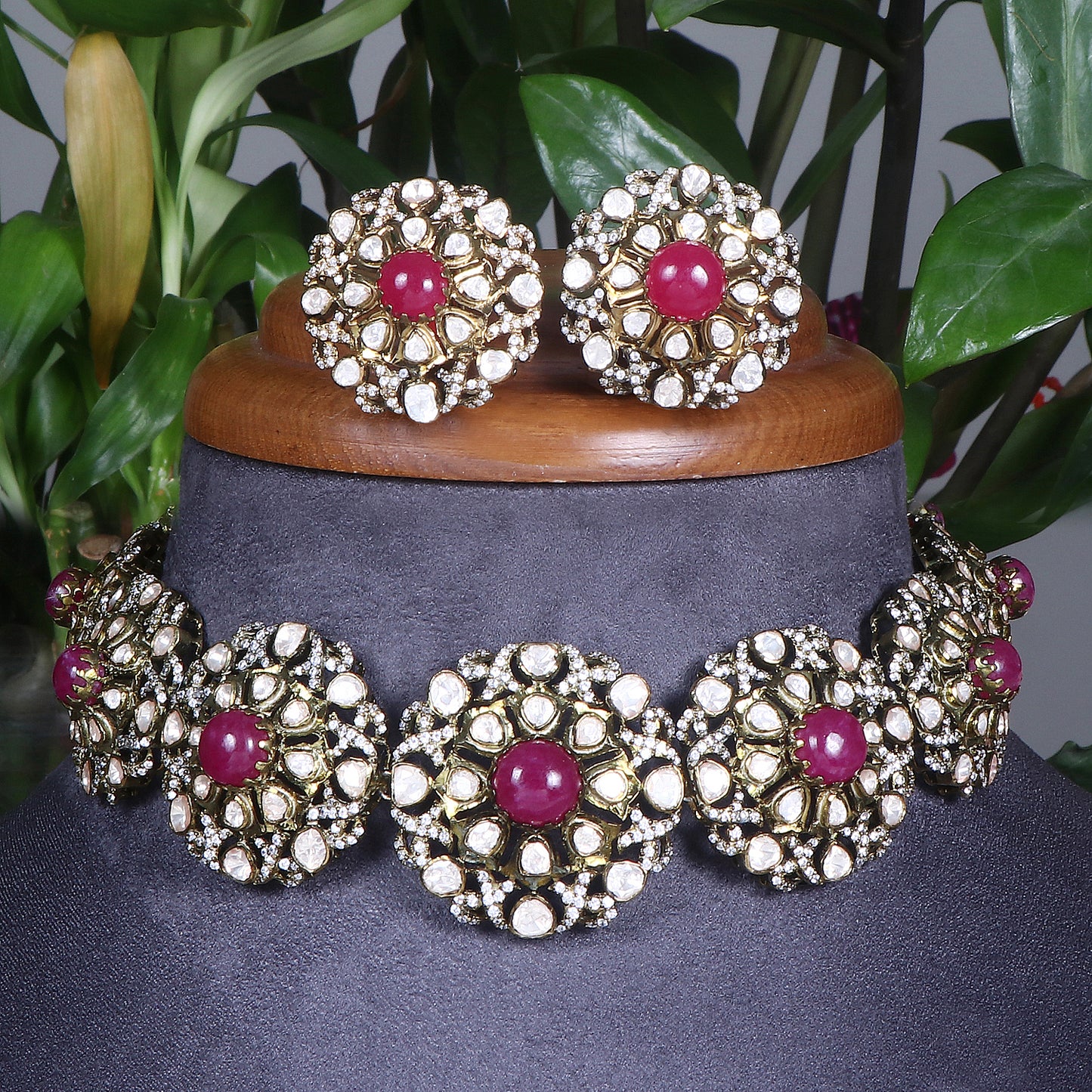 Bohemian-Style Oxidized and Ruby Necklace with Matching Earrings